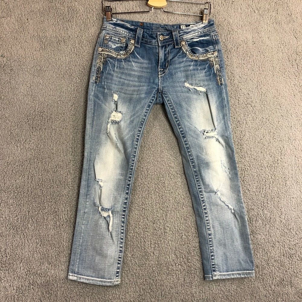 Miss Me Signature Cropped Jeans 27 Distressed Flap Pocket Bling Y2K - Picture 3 of 13